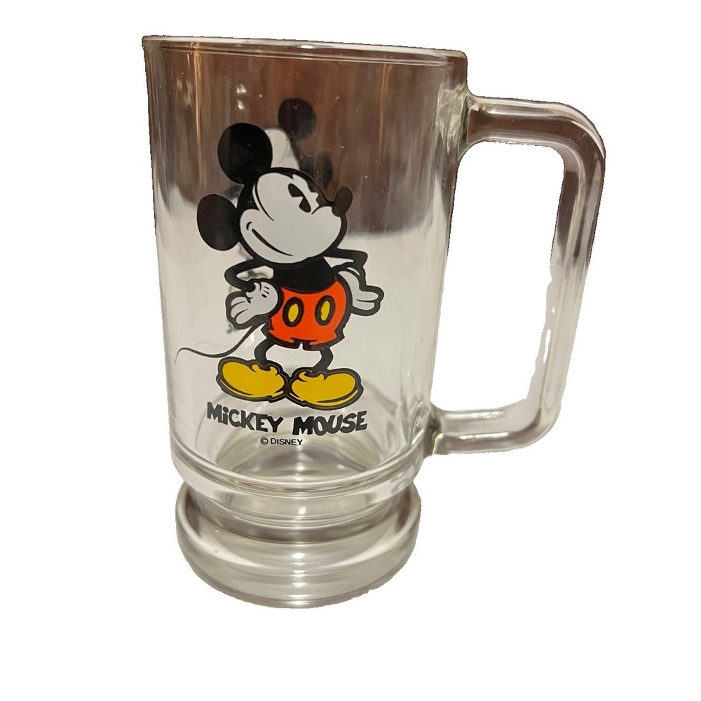 Vintage Walt Disney Mickey Mouse Clear Glass  Mug Cup Stein 5.25 inches